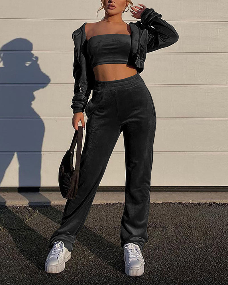 3 Piece Velvet Slant Pocket Tube Top & Pants Set