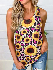 Summer New Tank Top T-shirt Female U-neck Leopard Sunflower Print Backless Hollow Casual Sleeveless Temperament Elegant Tops Female