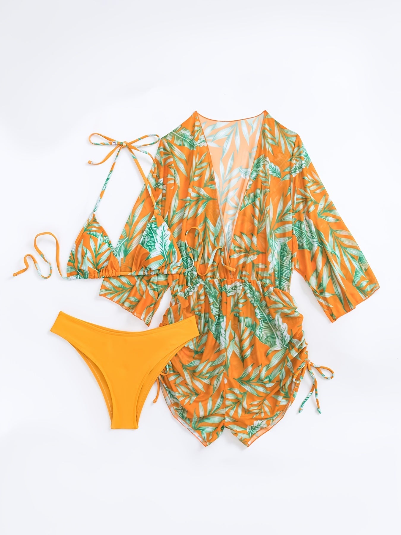 3-piece Leaf Plant Print Triangle Halter Neck Bikini Sets