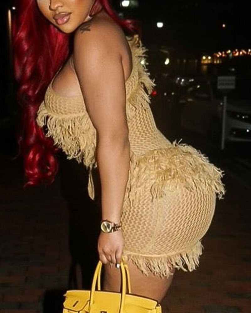 Fringe Trim Hollow Out One Shoulder Mini Dress