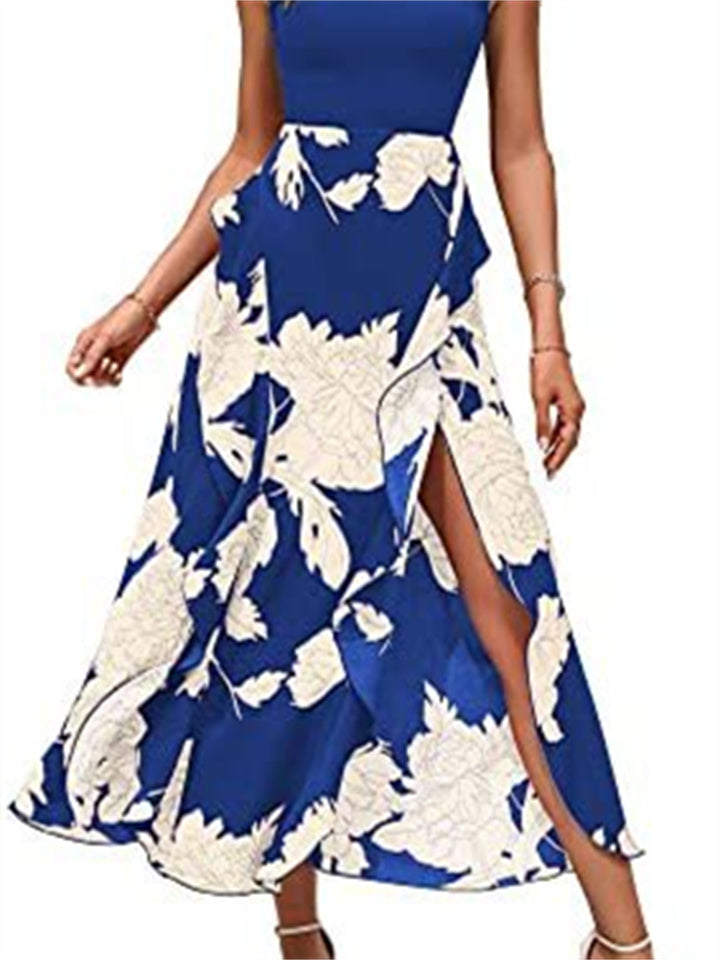 Summer Fashion Casual Style Women's Round Neck Splicing Hem Open Irregular Sleeveless Print Floral High Waist Dress