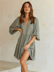 Spring and Summer V-neck Short-sleeved Temperament Casual Style A-line Dress Army Green S M L XL