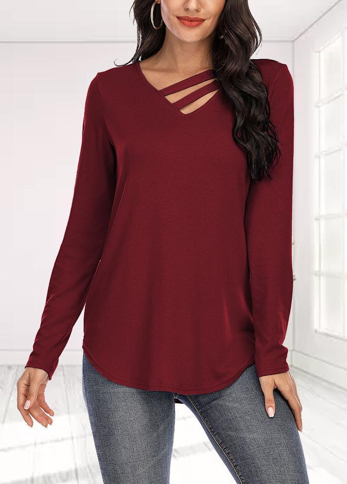 Long Sleeve Solid Color V Neck T-shirt