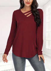 Long Sleeve Solid Color V Neck T-shirt