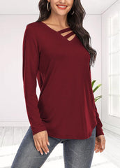 Long Sleeve Solid Color V Neck T-shirt