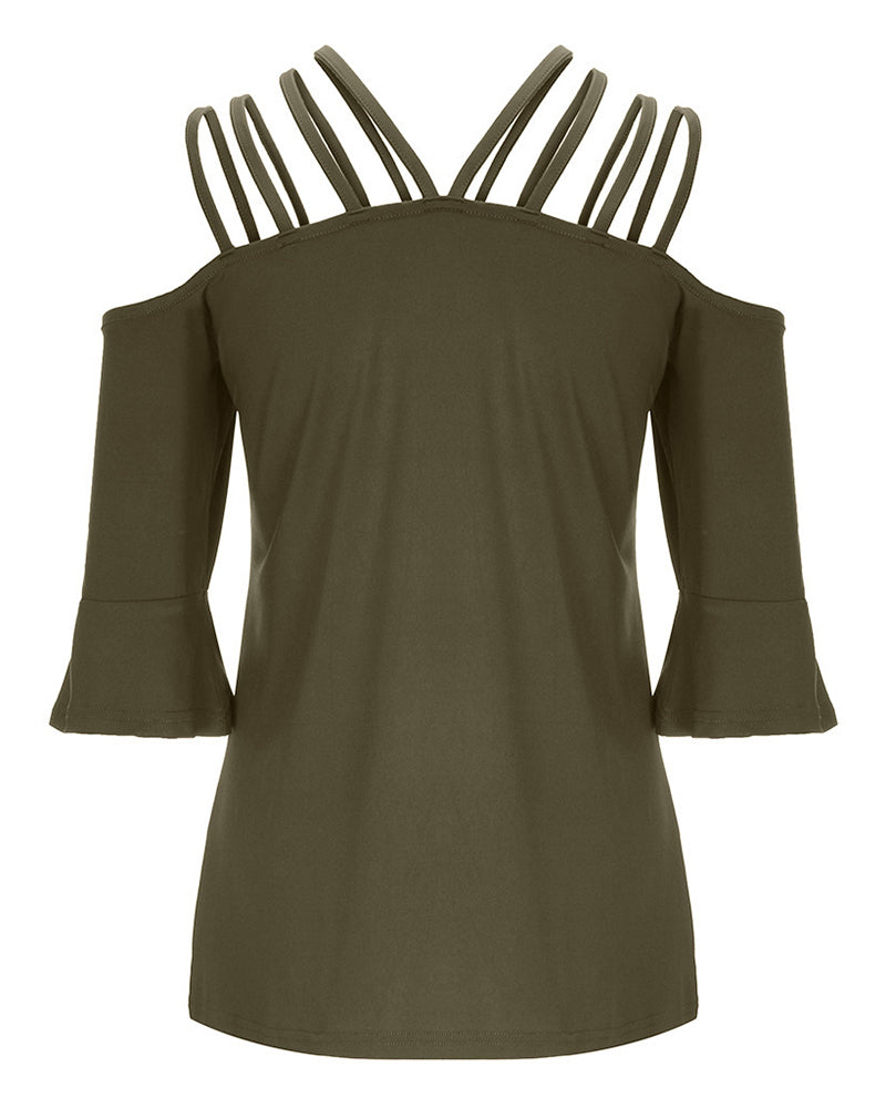 Strappy Detail Bell Sleeve Cold Shoulder Blouse