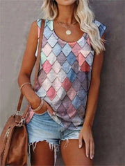Summer New Temperament Commuter T-shirt Undershirt Female Fashion Print Round Neck Pocket Sleeveless Tops Female Elegant Style