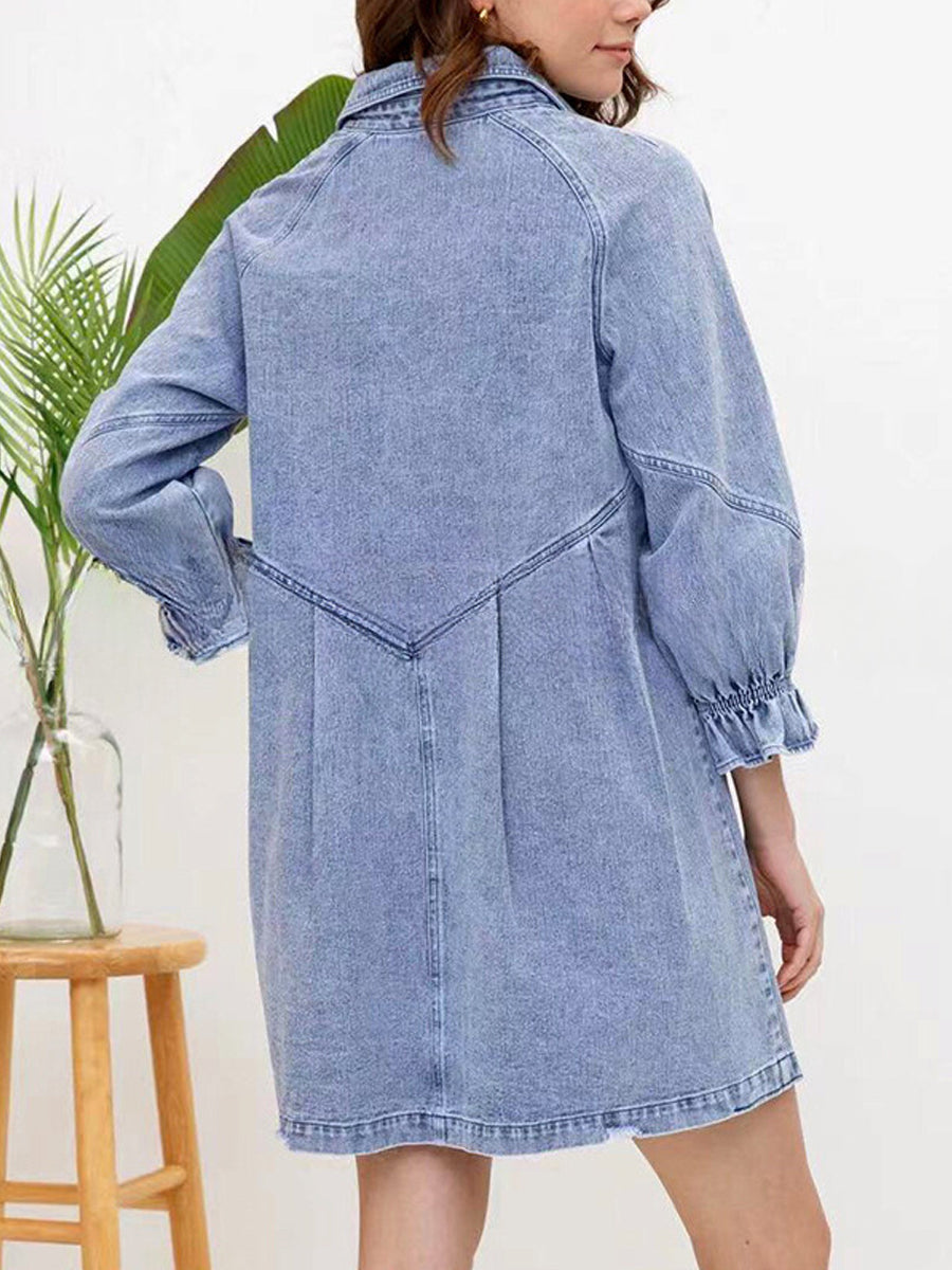 Stylish Retr Denim Lantern Sleeve Mini Dress