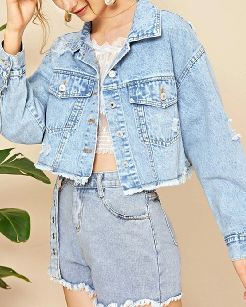 90s Vintage Button Up Flap Pocket Raw Hem Denim Jacket