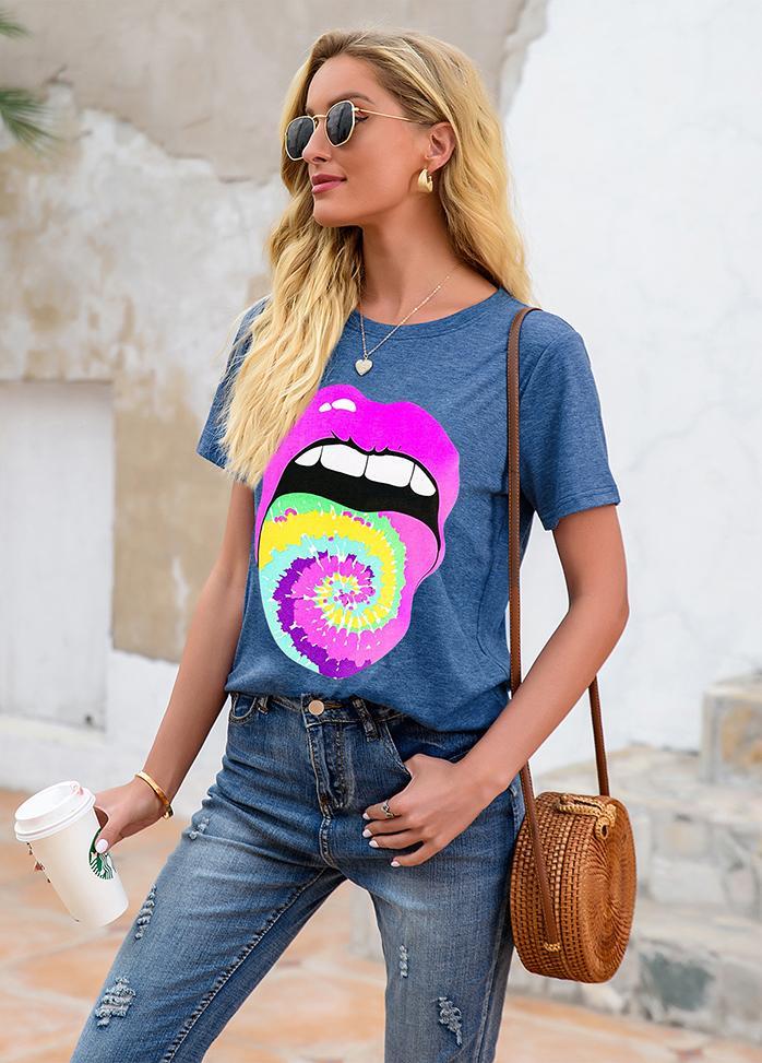 Lip Printed Round Neck Short Sleeve T-shirt