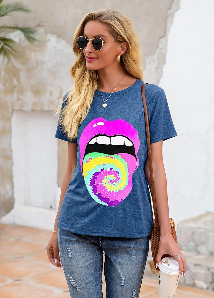 Lip Printed Round Neck Short Sleeve T-shirt