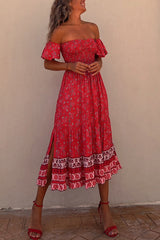 Francisca Boho Floral Smocked Off Shoulder Midi Dress