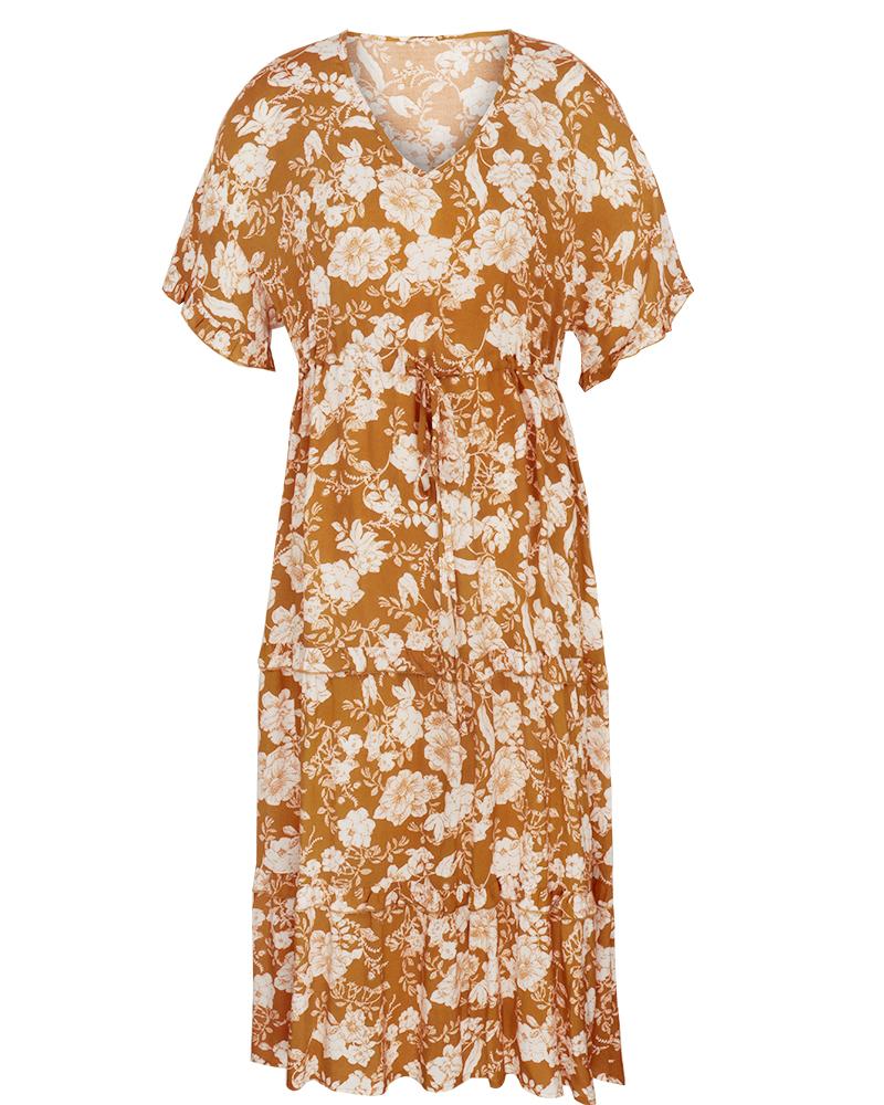 Short Sleeve Floral Midi V Neck Dress