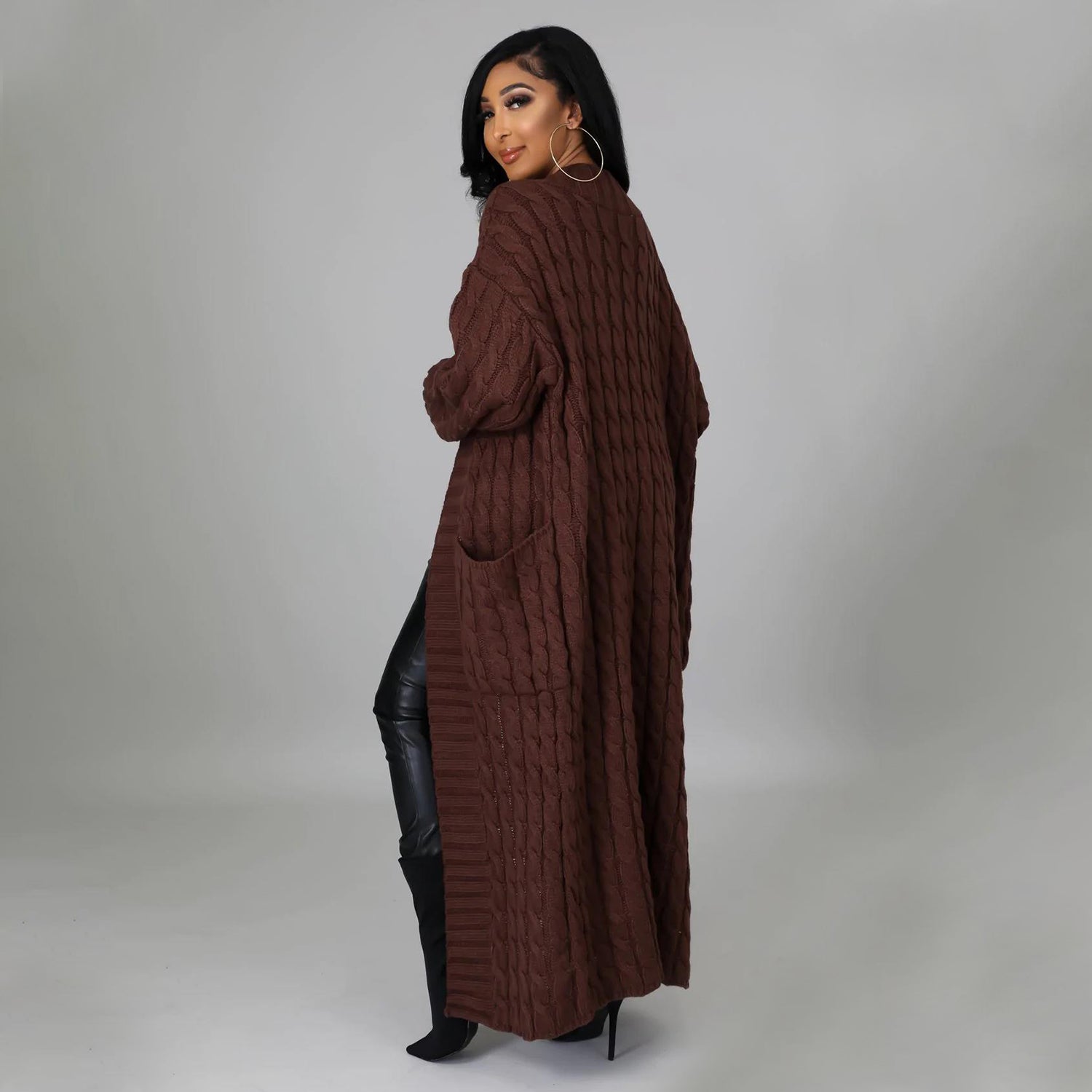 Elegant Solid Long Sleeve Knitted Long Cardigan