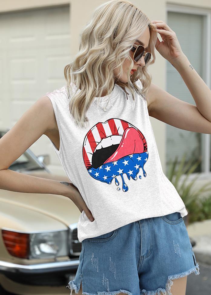 Lip Printed Round Neck Sleeveless Tank Top
