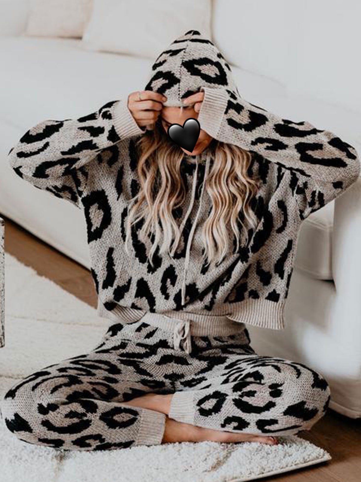 Black Casual Hooded Leopard Two Piece Outfits