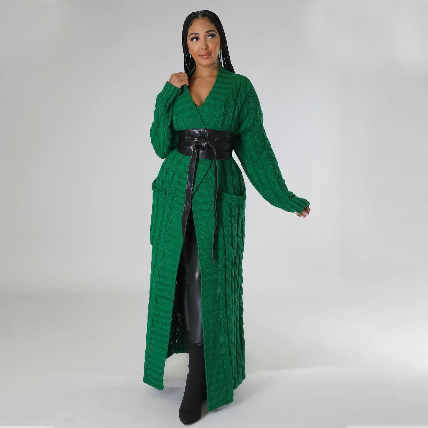 Elegant Solid Long Sleeve Knitted Long Cardigan