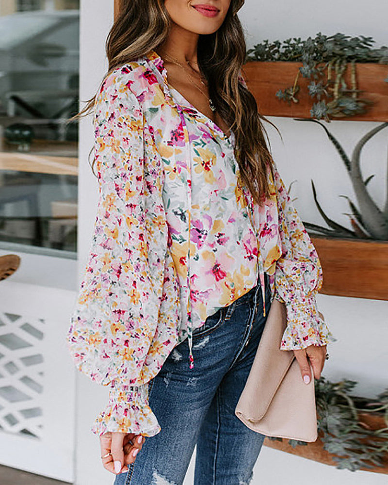 Floral Print Button Front Gathered Sleeve Blouse