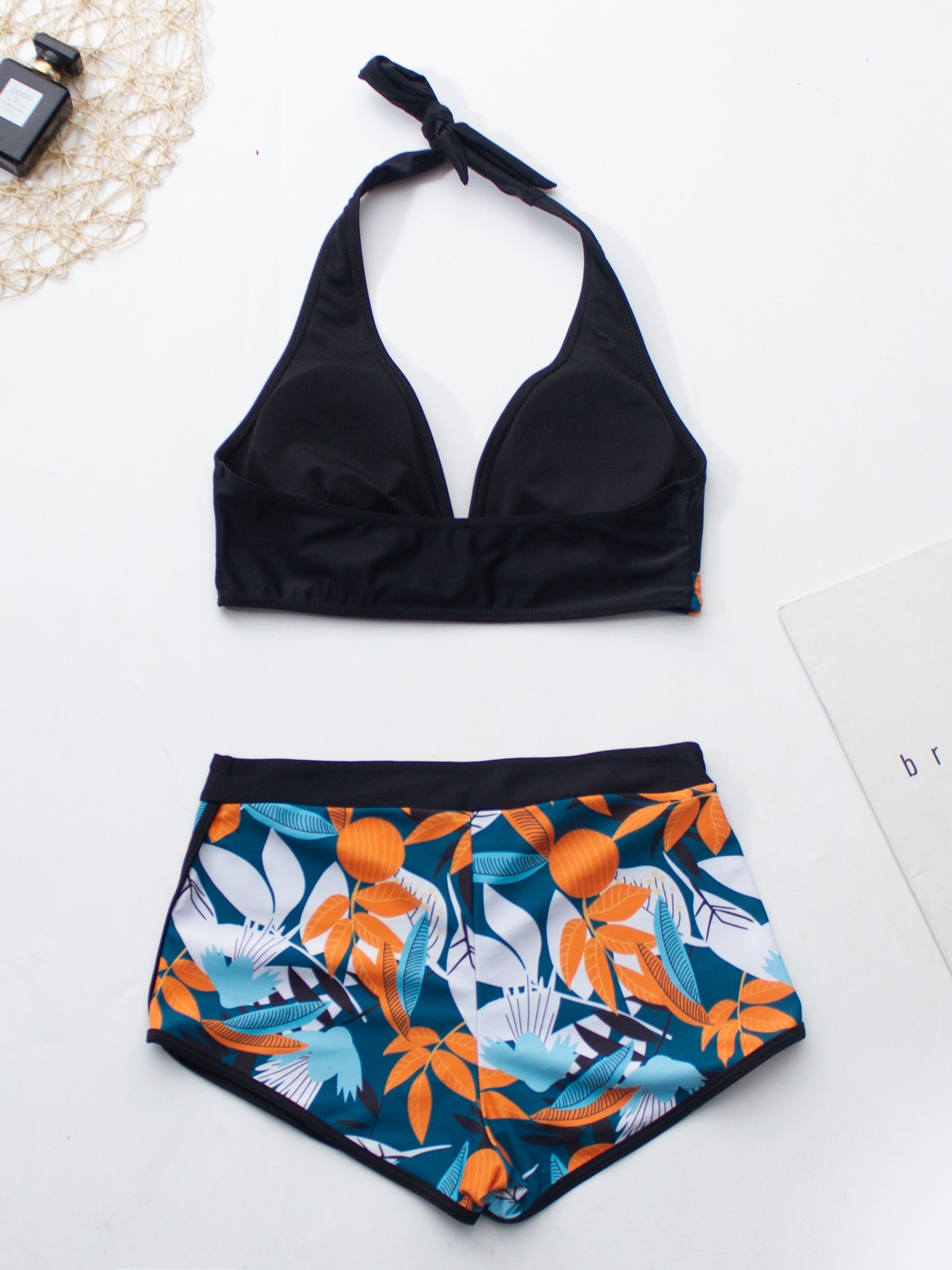 Floral Print Deep V Shape Halter Bikini Boxer Swimsuit