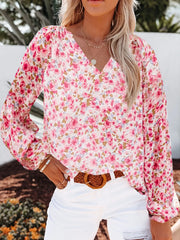 Casual V-Neck Floral Print Long Sleeve Blouse