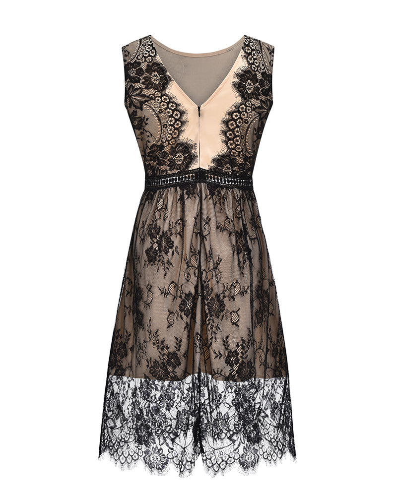Floral Lace Zip Back Overlay A-line Dress