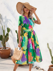 Summer Floral Print Crinkle Short Sleeve Dress V-neck Casual Dress Green Red S-2XL