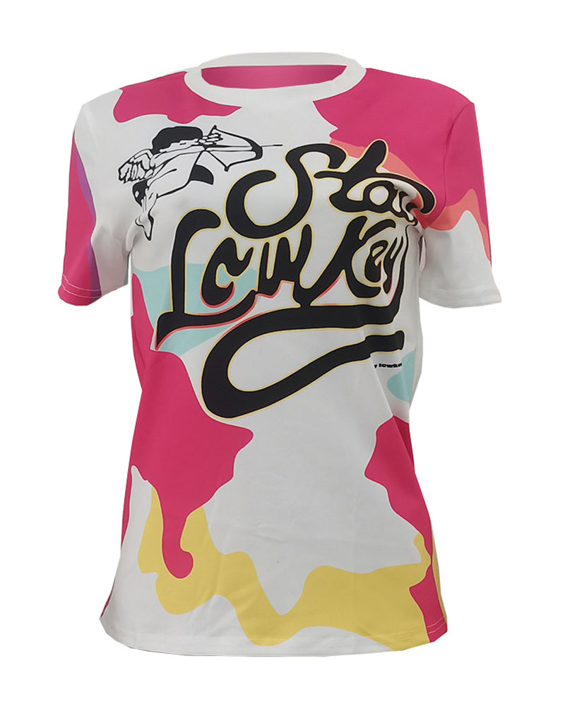 Letter & Angel Print Round Neck T-Shirt