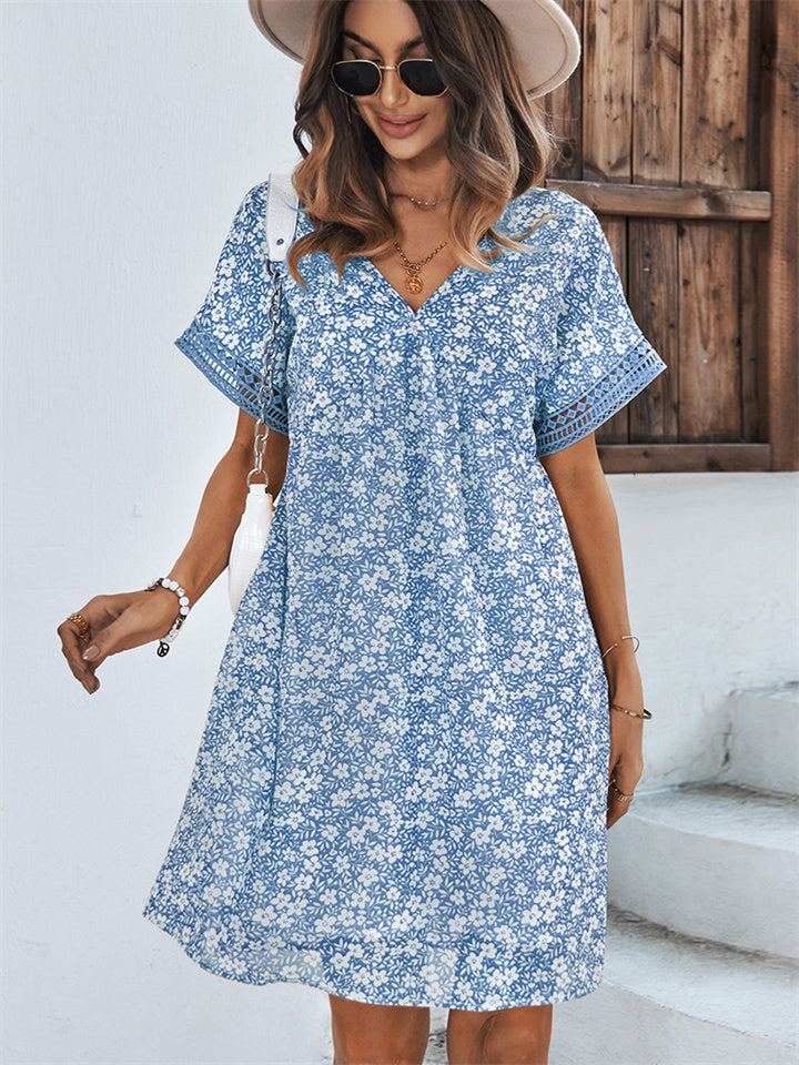Fashion Women's Dresses Summer V-neck Chiffon Skirt Printed Short-sleeved Dress Yellow Green Black Blue
