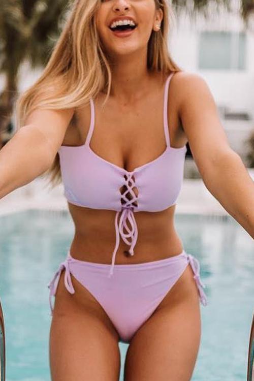 Solid Lace Up Bikini Set