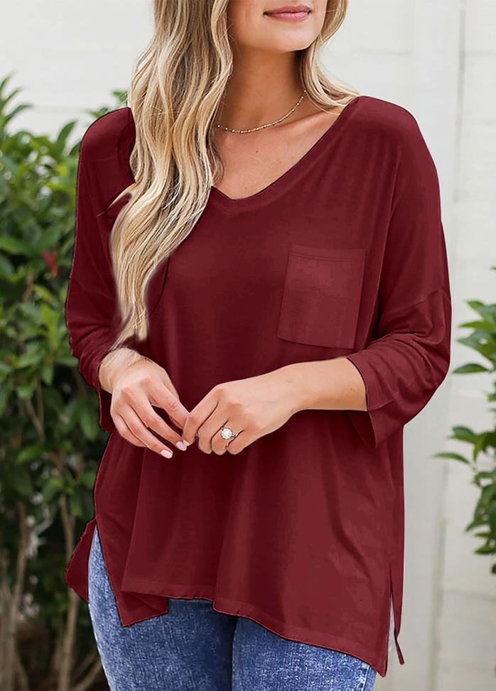 Long Sleeve Solid Color V Neck Top