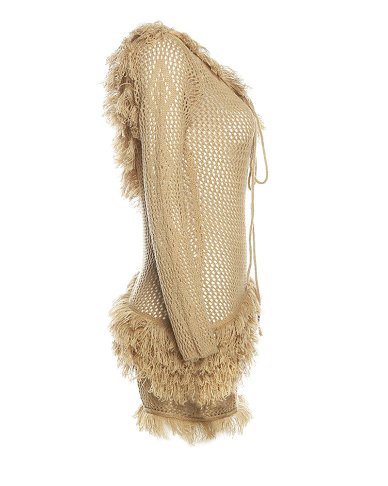 Fringe Trim Hollow Out One Shoulder Mini Dress