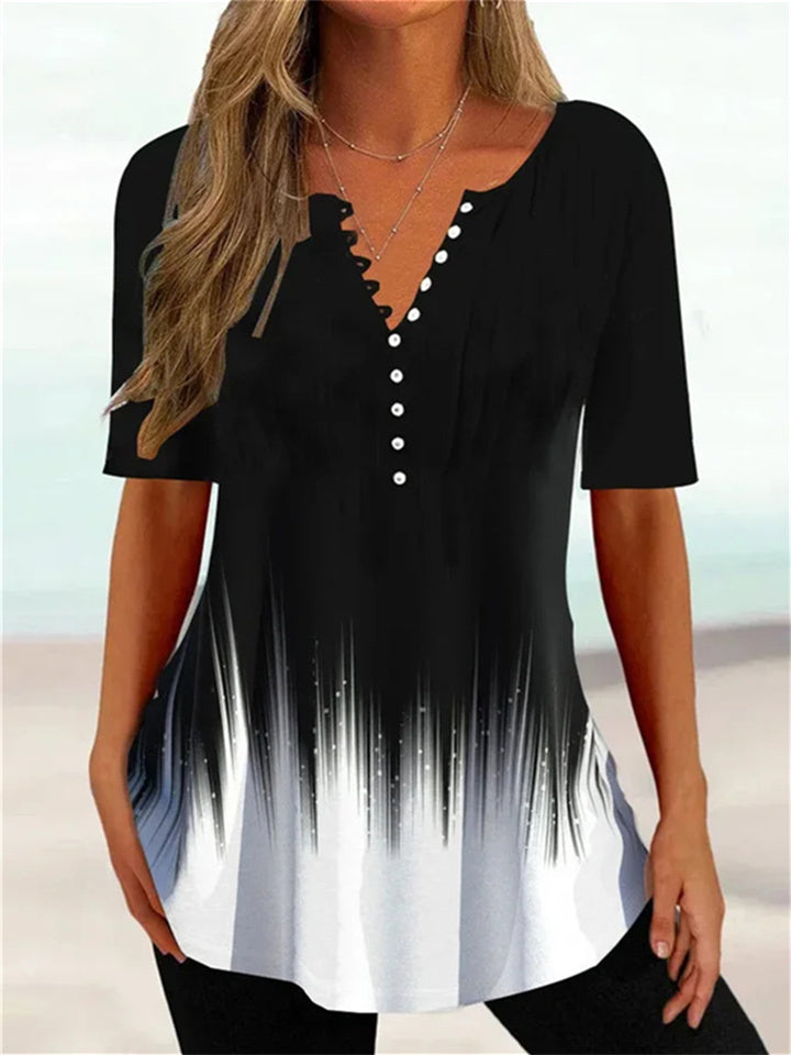 Casual Style Women's Summer Loose V-neck Button Collar Pullover Daily Models Short-sleeved Button Plant Floral Print T-shirt