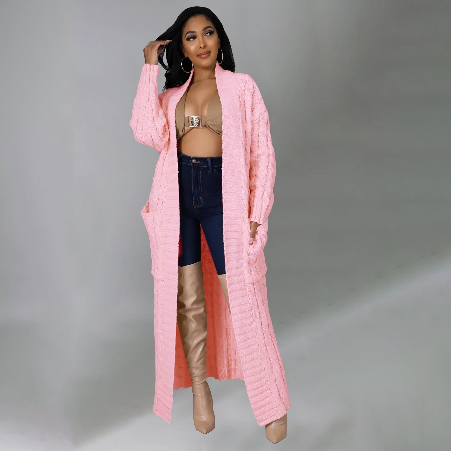 Elegant Solid Long Sleeve Knitted Long Cardigan