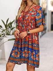 Casual Floral Print V Neck Short Sleeve Mini Dress