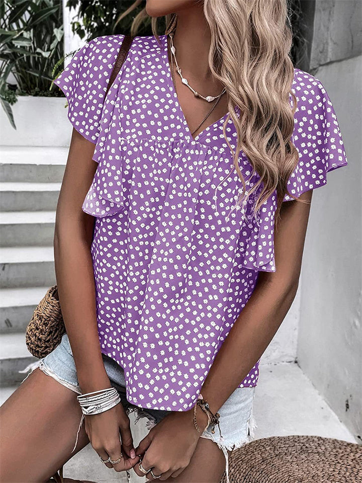 Summer Women's Bohemian Wind Top Floral V-neck Ruffle Short-sleeved Casual Comfortable T-shirt Commuter Style Shirt Female