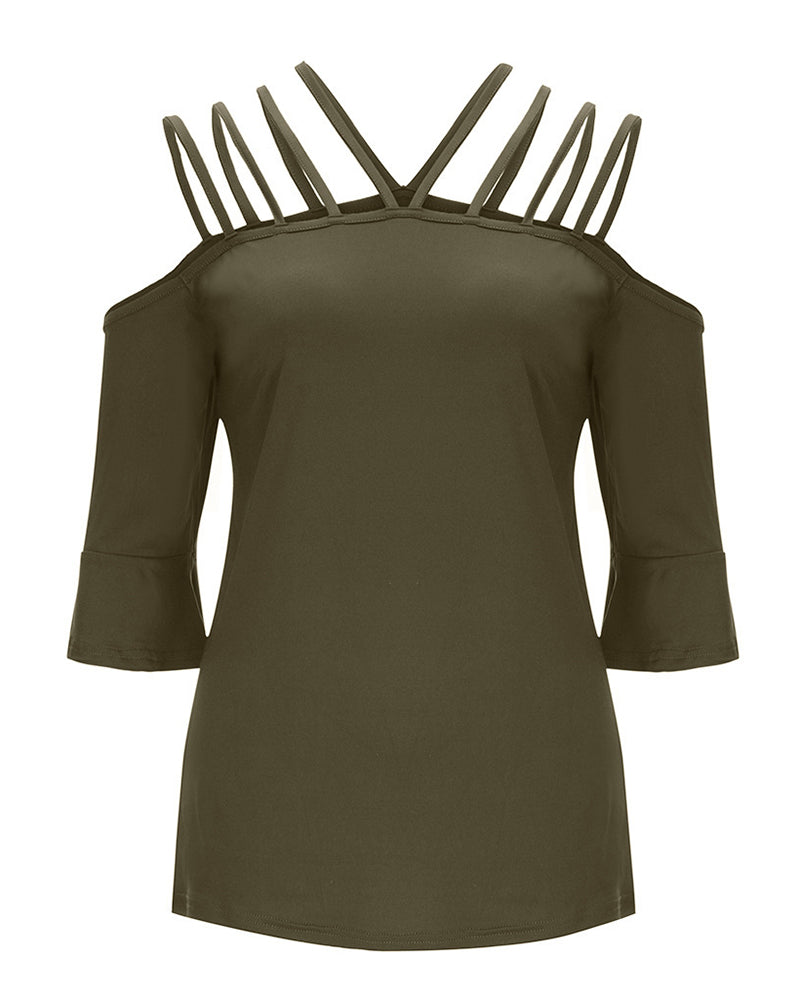 Strappy Detail Bell Sleeve Cold Shoulder Blouse