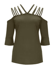 Strappy Detail Bell Sleeve Cold Shoulder Blouse