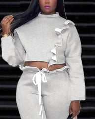 Solid Ruffle Trim Drawstring Crop Top & Pants Set