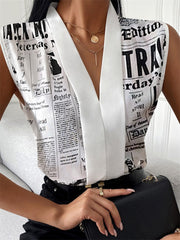 Summer Female Sleeveless V-neck Print Sexy Slim Tops British Style Sleeveless Women's Pullover Shirt Temperament Commuter Style