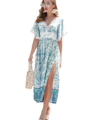Sweet and Fresh Women's Fashion Lace Lace V-neck Short-sleeved Bohemian Floral A-line Dress Dresses Tied Vacation Beach Dresses Summer