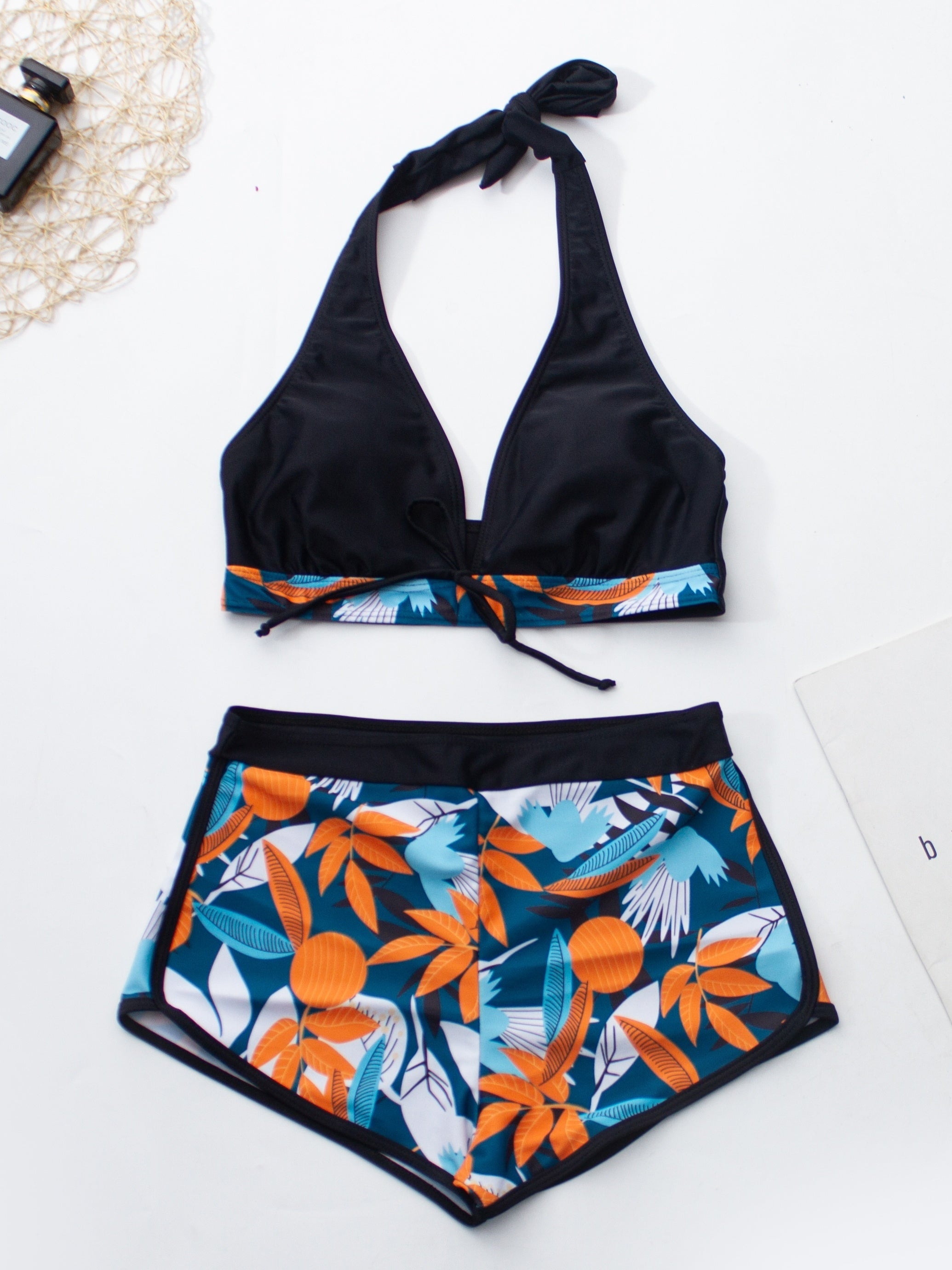 Floral Print Deep V Shape Halter Bikini Boxer Swimsuit