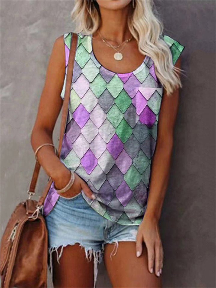 Summer New Temperament Commuter T-shirt Undershirt Female Fashion Print Round Neck Pocket Sleeveless Tops Female Elegant Style