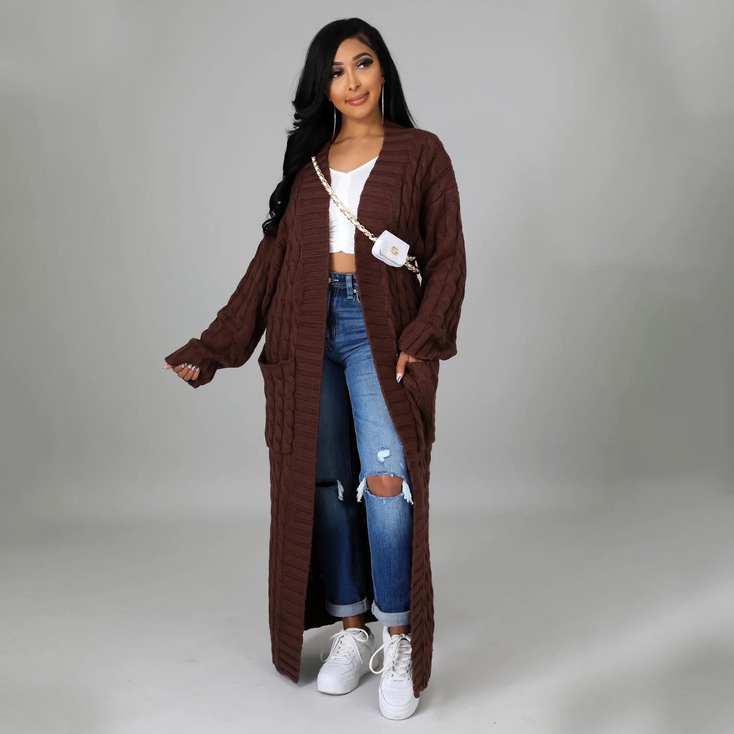Elegant Solid Long Sleeve Knitted Long Cardigan