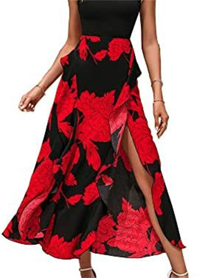 Summer Fashion Casual Style Women's Round Neck Splicing Hem Open Irregular Sleeveless Print Floral High Waist Dress
