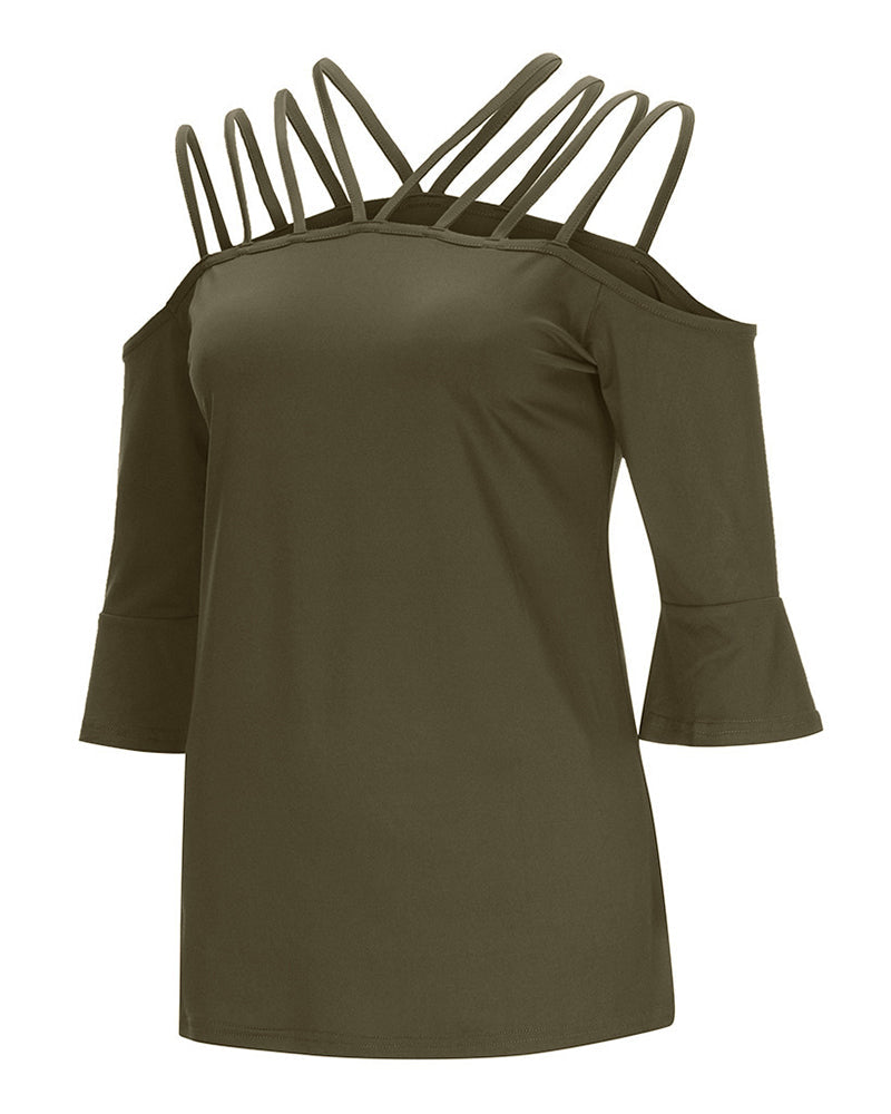 Strappy Detail Bell Sleeve Cold Shoulder Blouse