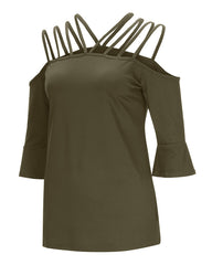 Strappy Detail Bell Sleeve Cold Shoulder Blouse