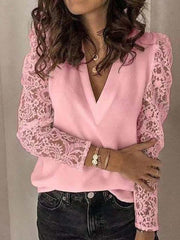 Solid V Neck Lace Sleeve Tops