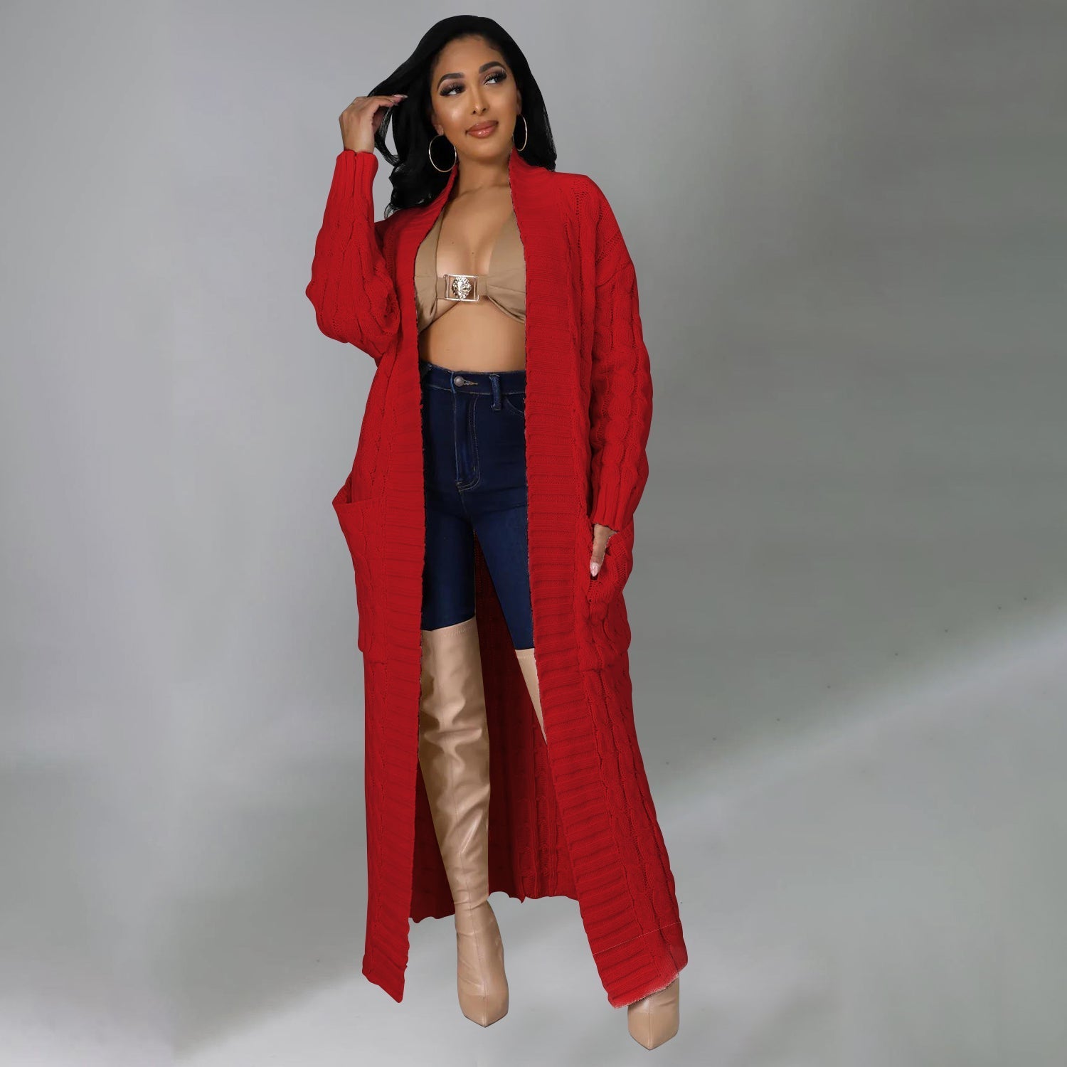 Elegant Solid Long Sleeve Knitted Long Cardigan