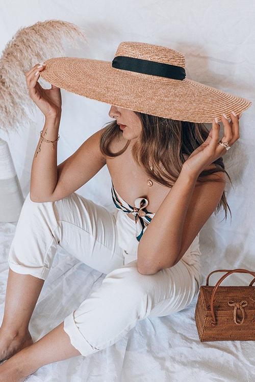 Flat Ribbon Straw Wide Brim Hat