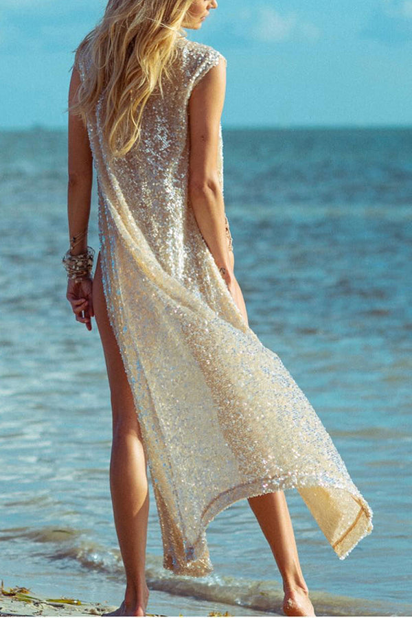 Shine Bright Sequins Open Front Maxi Kimono Coat